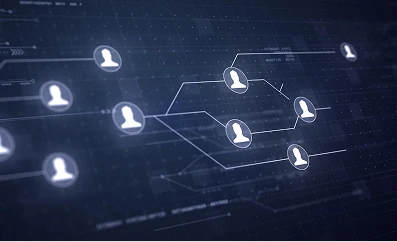 Connected employee profiles on a digital network, showing one source of employee data in the Aeonox HCM platform