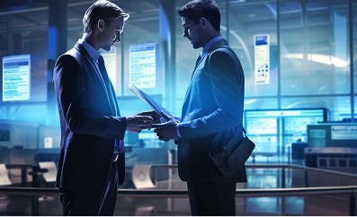 Two colleagues reviewing pre-joining documents on a tablet with Aeonox employee onboarding software