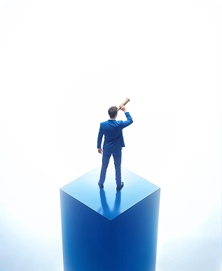Leader looking ahead through a telescope from a pillar, representing the Aeonox vision for future-ready HCM